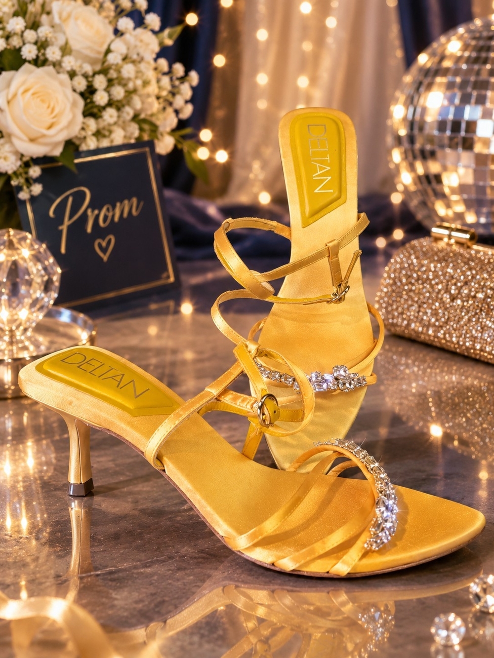 Deltan Golden Satin Rhinestone Strappy Prom Heels